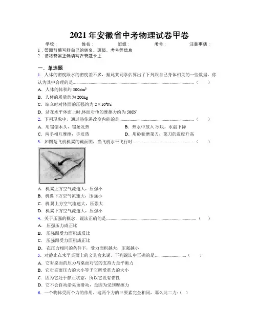 2021年安徽省中考物理试卷甲卷附解析