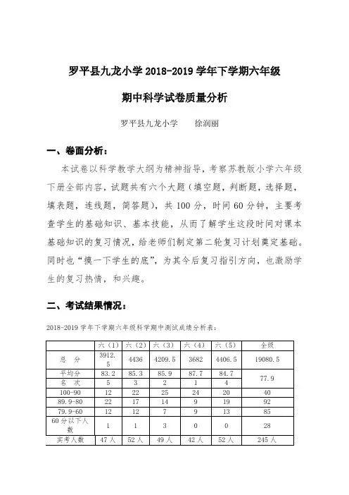 六年级(下)科学期中质量分析