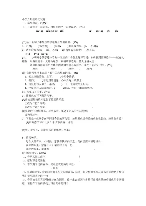 小学六年级语文试卷 2