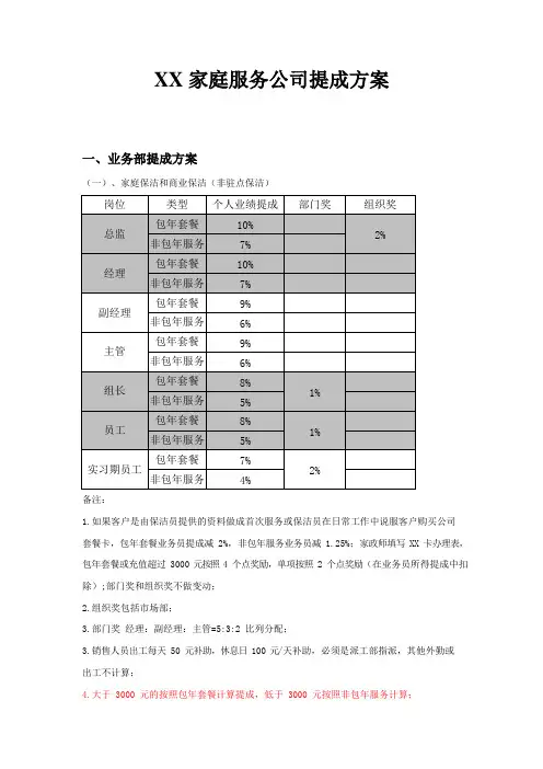 XX家庭服务公司提成方案