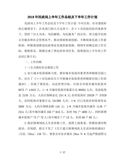 2019年民政局上半年工作总结及下半年工作计划