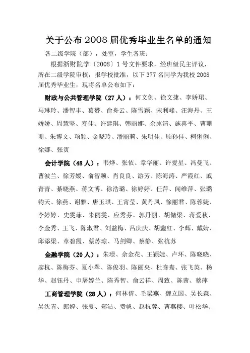 关于公布2008届优秀毕业生名单的通知