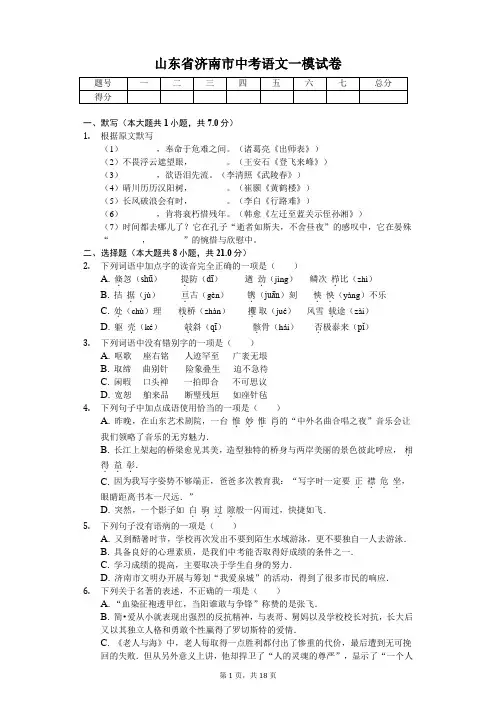 山东专版 济南市中考语文一模试卷 附答案