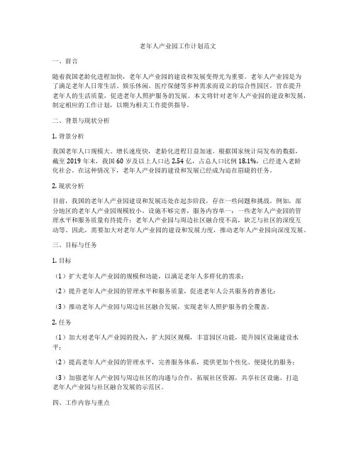 老年人产业园工作计划范文