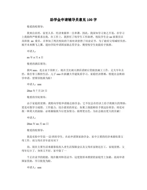 助学金申请辅导员意见100字