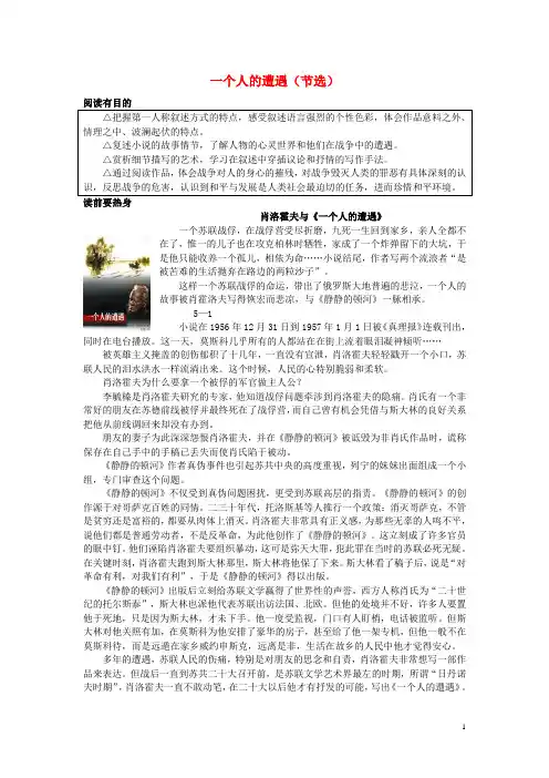高中语文第一专题《一个人的遭遇》导学案苏教版必修2
