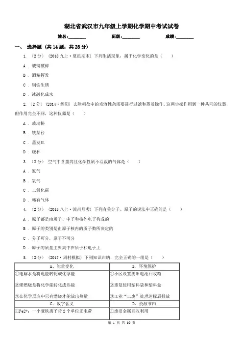 湖北省武汉市九年级上学期化学期中考试试卷