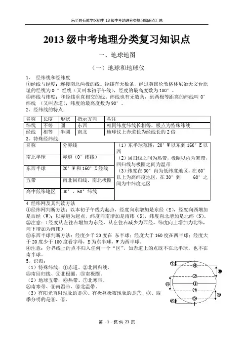 2013级中考地理分类复习知识点