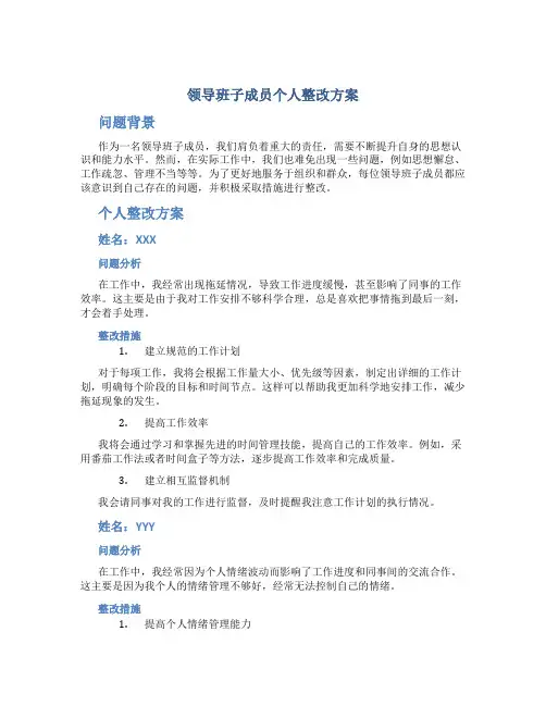 领导班子成员个人整改方案