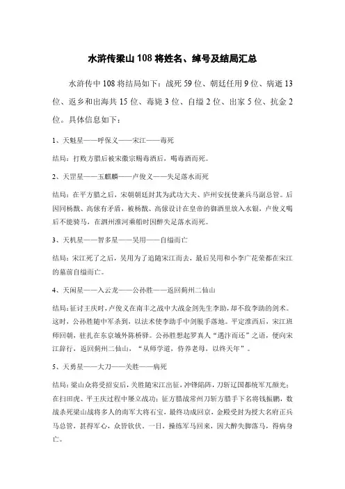 水浒传梁山108将姓名、绰号及结局