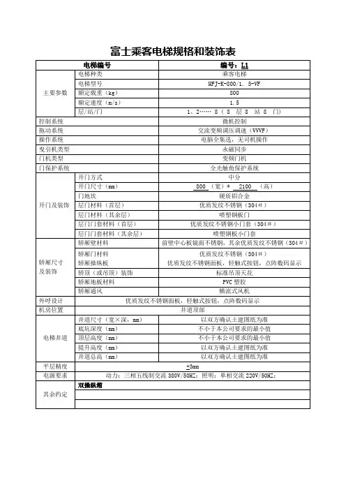 富士变频客梯装饰、配置、功能表