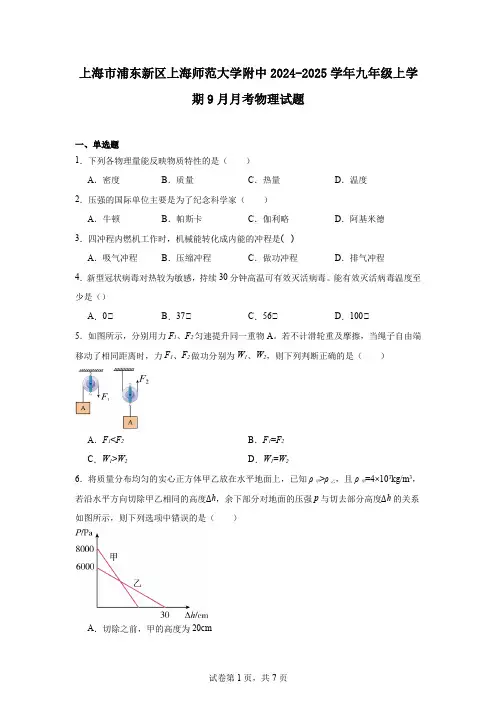 上海市浦东新区上海师范大学附中2024-2025学年九年级上学期9月月考物理试题