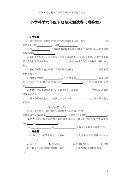 2019年小学科学六年级下册期末测试卷及答案