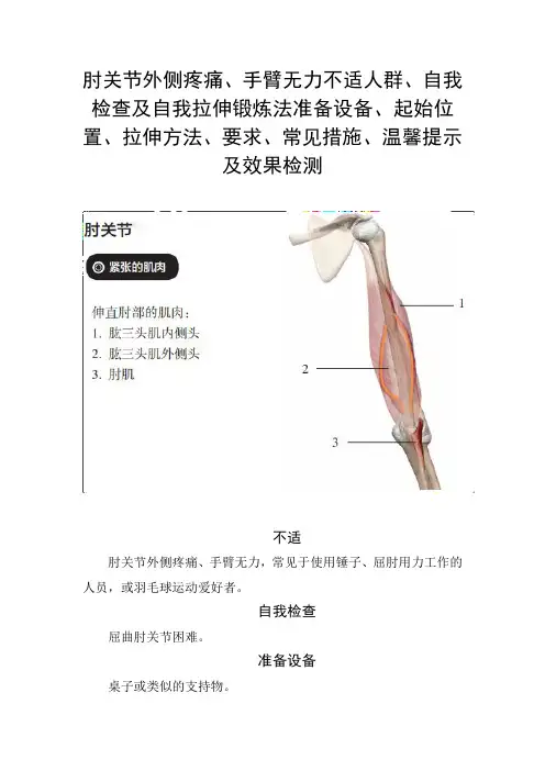 肘关节外侧疼痛、手臂无力不适人群及自我拉伸锻炼法起始位置、拉伸方法、要求、措施、温馨提示及效果检测