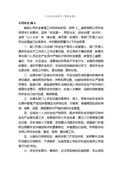 公司安全承诺书（精选6篇）