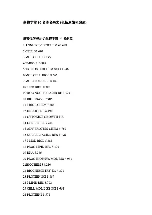 生物学前30名著名杂志