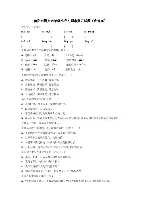 信阳市语文六年级小升初期末复习试题(含答案)