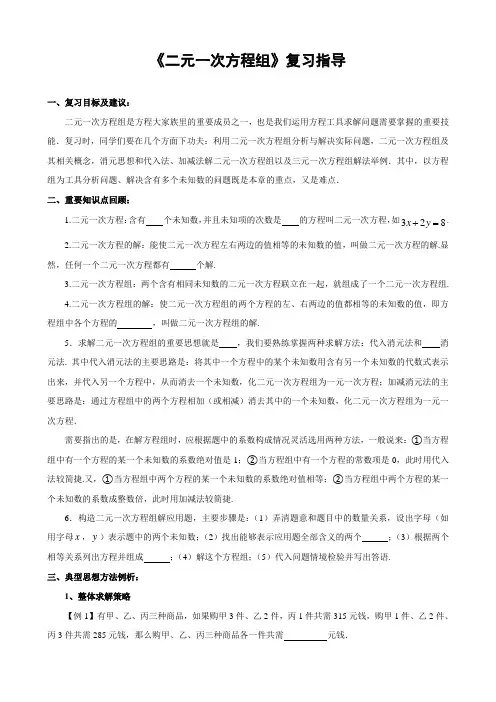 中考数学复习指导：《二元一次方程组》复习指导