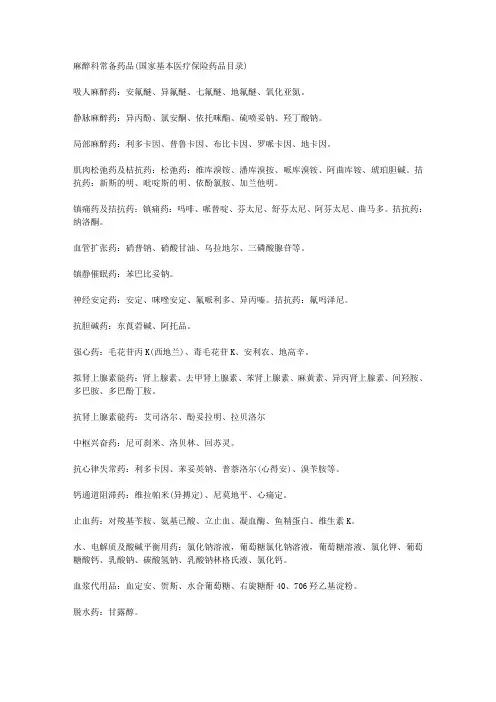 麻醉科常备药品(国家基本医疗保险药品目录)