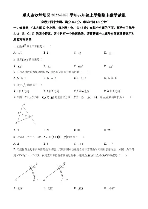 重庆市沙坪坝区2022-2023学年八年级上学期期末数学试题(人教版,含答案)