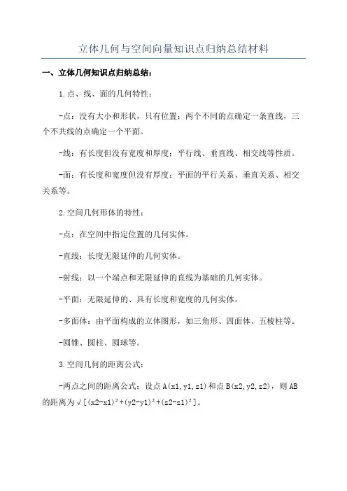 立体几何与空间向量知识点归纳总结材料