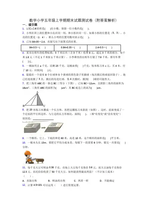 数学小学五年级上学期期末试题测试卷(附答案解析)