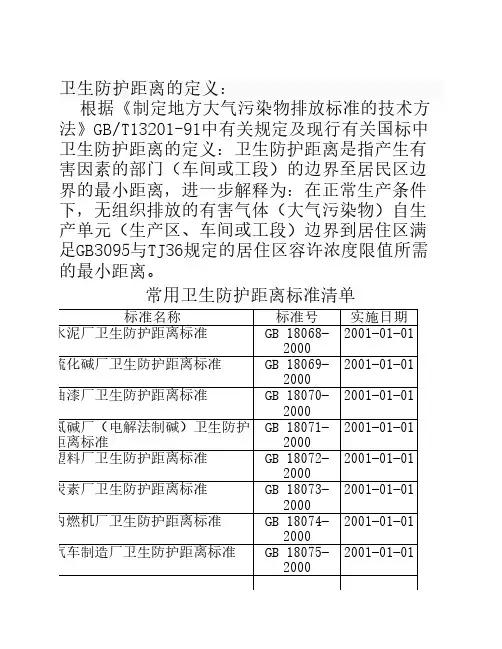 常用卫生防护距离标准汇总
