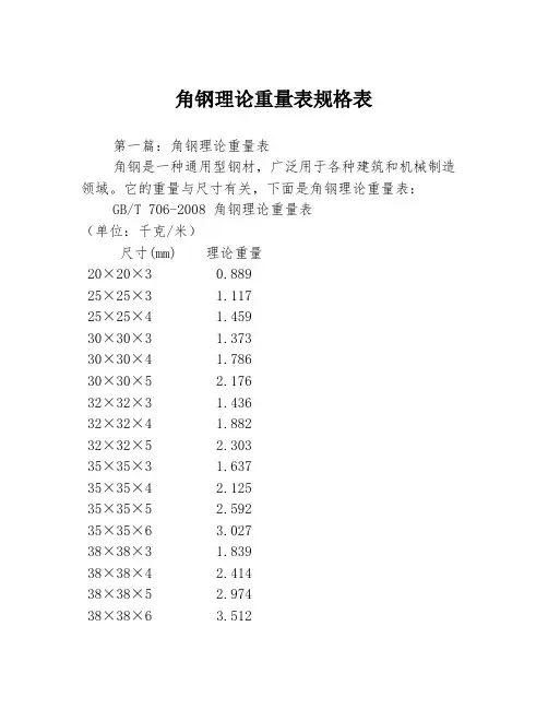 角钢理论重量表规格表