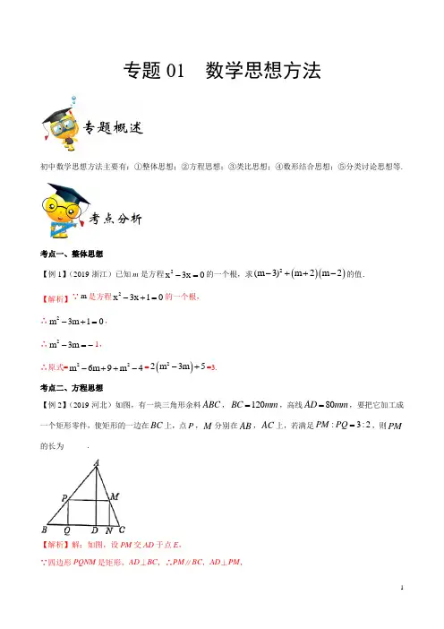 2020年中考数学专题拓展讲练1 数学思想方法(含答案)
