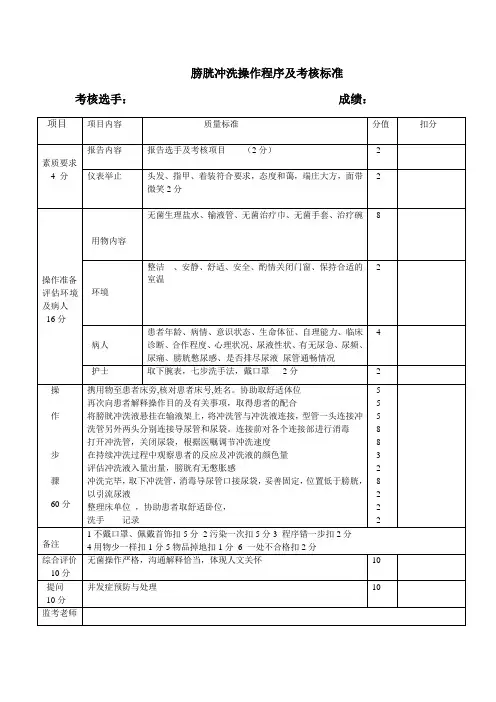 膀胱冲洗操作程序及考核标准