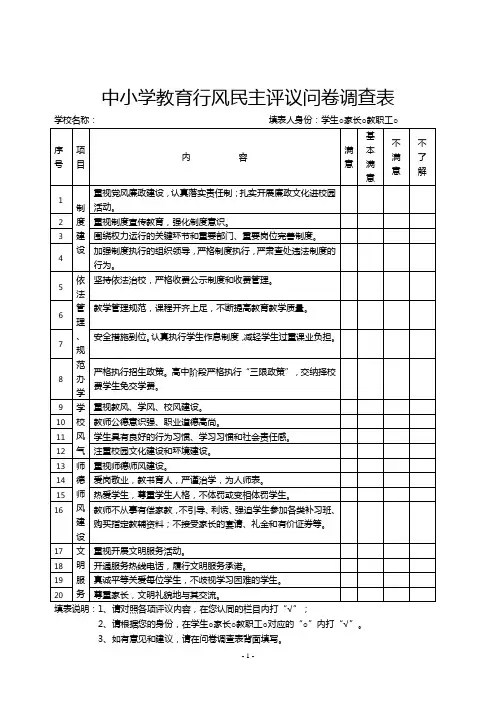 行风评议调查问卷