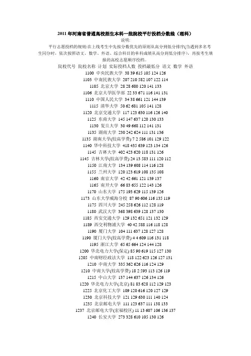 2011年河南省普通高校招生本科一批院校平行投档分数线