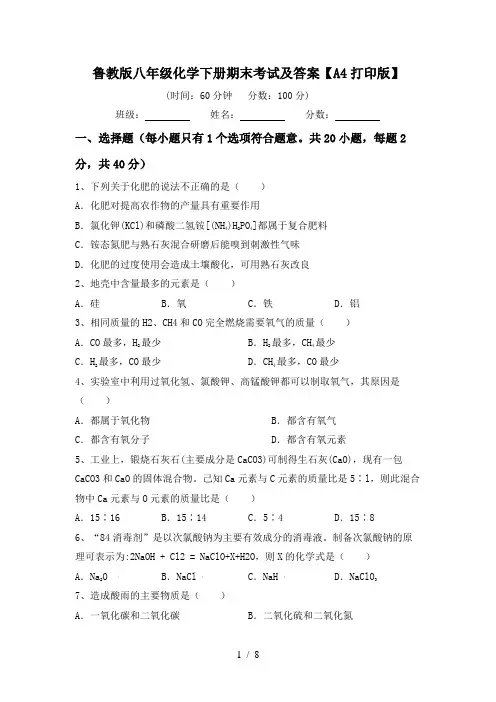 鲁教版八年级化学下册期末考试及答案【A4打印版】