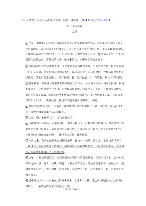 好一朵木槿花-阅读理解答案解析【2019年黑龙江省大庆市】