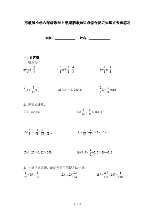 苏教版小学六年级数学上学期期末知识点综合复习知识点专项练习