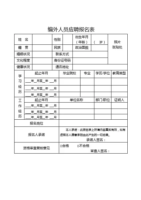 编外人员应聘报名表