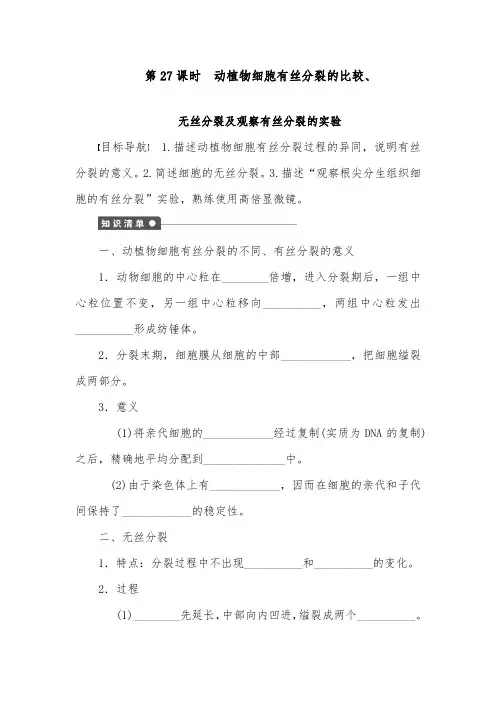 [精品]新人教版必修一高中生物课时训练动植物细胞有丝分裂的比较、无丝分裂及观察有丝分裂的实验及答案
