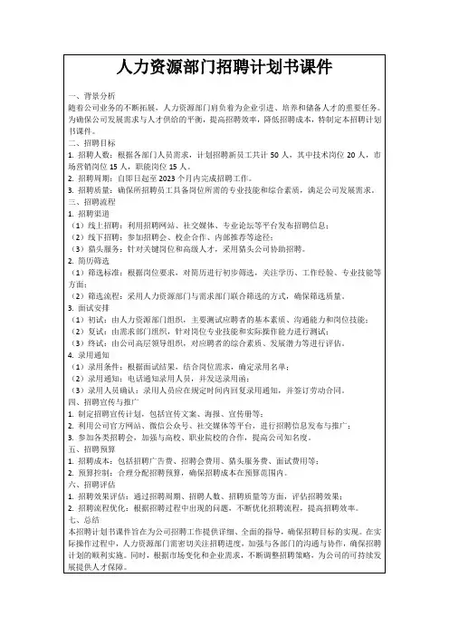 人力资源部门招聘计划书课件