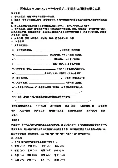 广西省北海市2019-2020学年七年级第二学期期末质量检测语文试题含解析