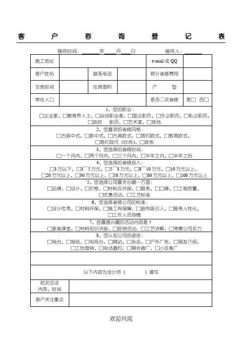 装饰公司客户咨询登记表格模板