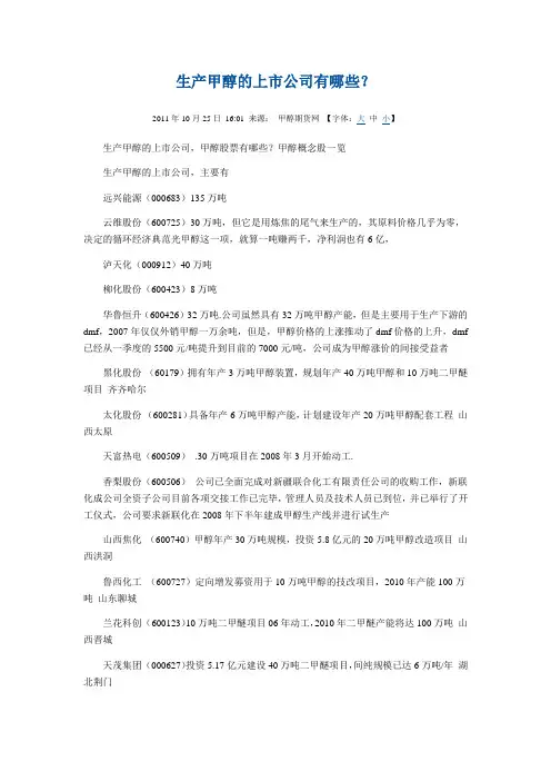 生产甲醇的上市公司有哪些