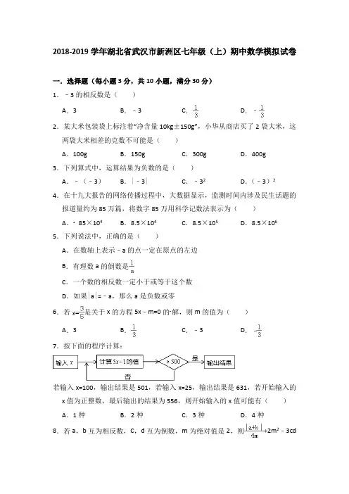 湖北省武汉市新洲区2018-2019学年七年级(上)期中数学模拟试卷(含答案)