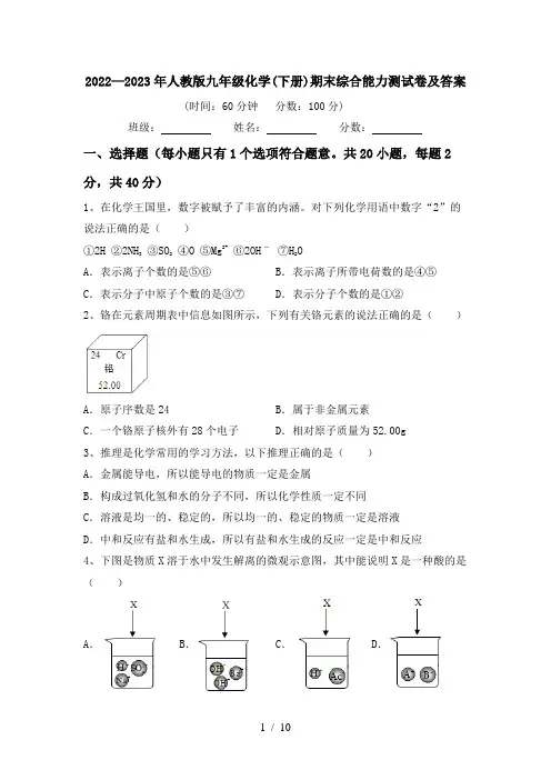 2022—2023年人教版九年级化学(下册)期末综合能力测试卷及答案