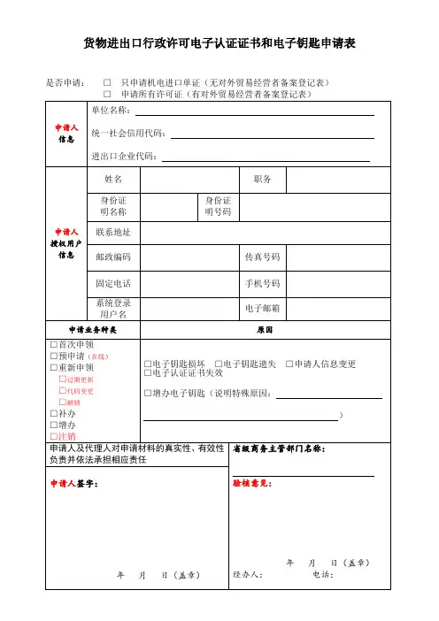 进出口企业电子钥匙申请表模版