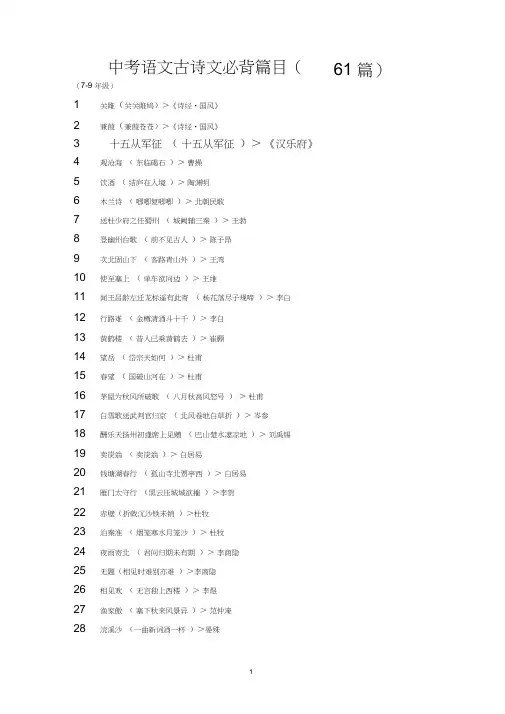 (完整版)中考语文古诗文必背篇目(61篇)汇总