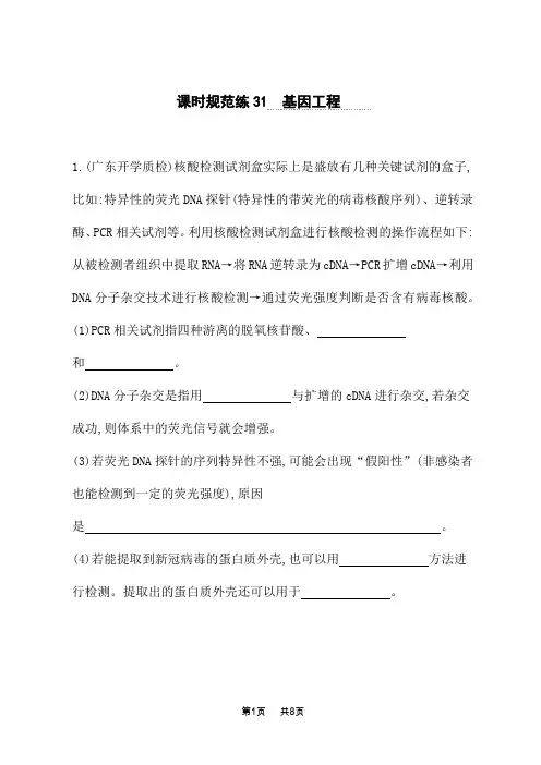 人教版高考生物学一轮总复习课后习题 第十单元 现代生物科技专题 课时规范练31 基因工程