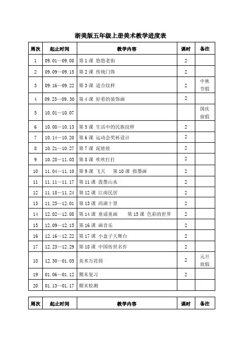 浙美版五年级上册美术教学进度表