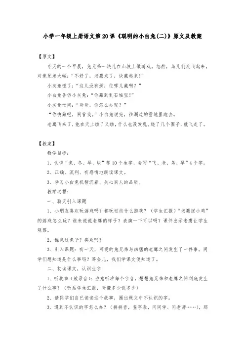 小学一年级上册语文第20课《聪明的小白兔(二)》原文及教案