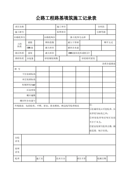 公路工程路基填筑施工记录表模板