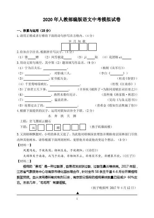 2020年人教统编版中考语文模拟试卷(含答案)